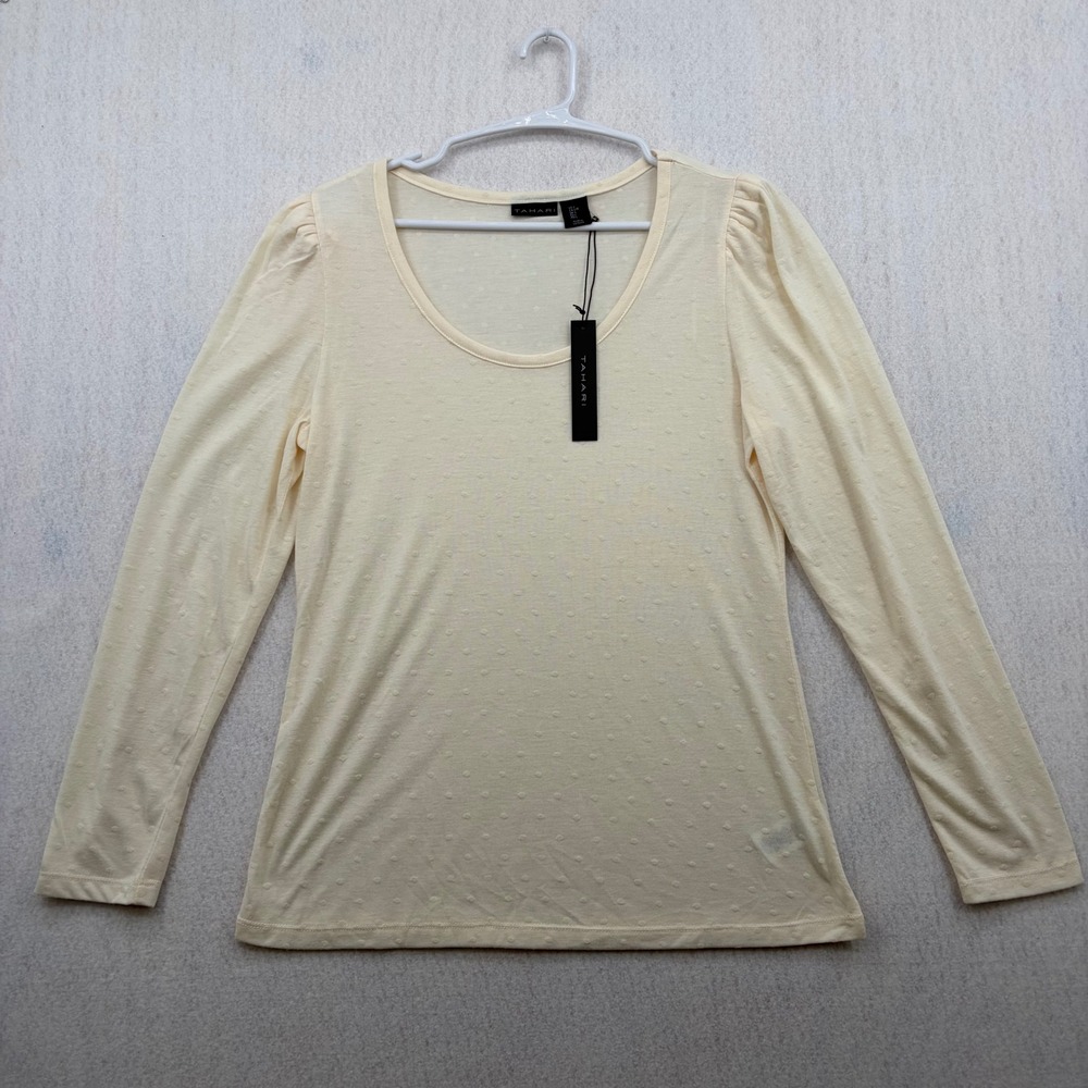 Tahari Womens Cream Yellow Clip Dot Puff Sleeve Scoop Neck Top Size L NWT